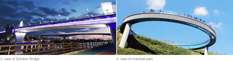 3.view of Sicheon Bridge 4.view of riverside park